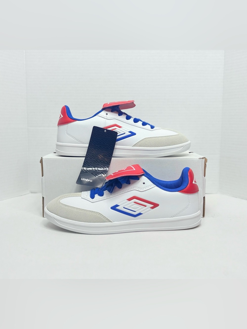 Umbro Kids White Sneakers with Blue & Red Accents low top soccer football shoes